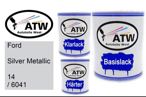Ford, Silver Metallic, 14 / 6041: 1L Lackdose + 1L Klarlack + 500ml Härter - Set, von ATW Autoteile West.